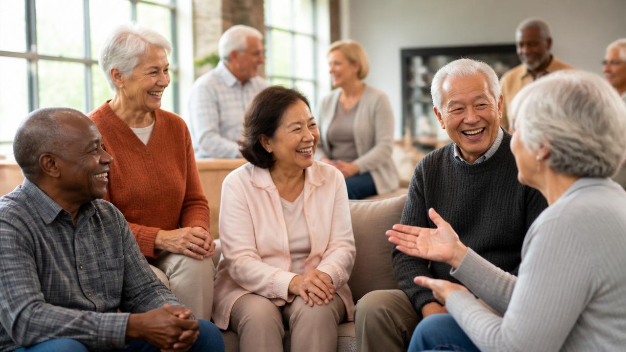 A diverse group of active seniors laughing and socializing together in a bright community space